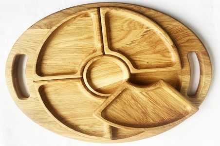 Oak serving tray with 5 compartments and handles