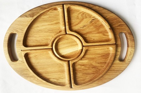 Oak serving tray with 5 compartments and handles